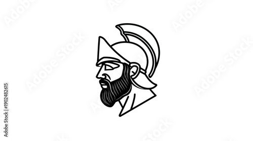 Profile illustration of ancient Spartan warrior head with helmet and beard. Symbol of strength, history, and military might.