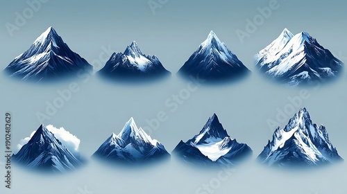 Set of detailed snowy mountain peaks with blue and photo white tones on a light blue background