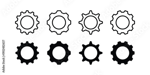 A set of 8 gear wheel icons in various outline and solid fill styles, representing settings and mechanical processes.