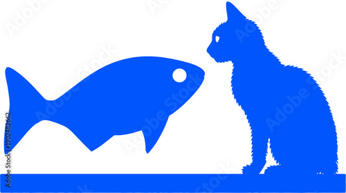 Blue cat silhouette observing a fish, vector illustration of a feline pet looking at aquatic prey, simple graphic design.