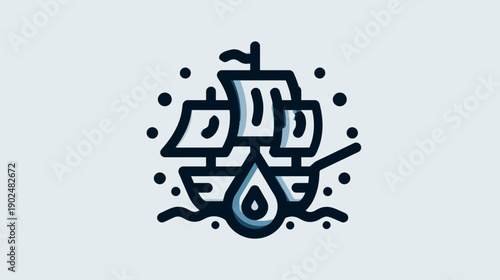 Minimalist line art sailing ship icon. Stylized boat with sails navigating blue ocean waves, flat vector illustration on a light background.