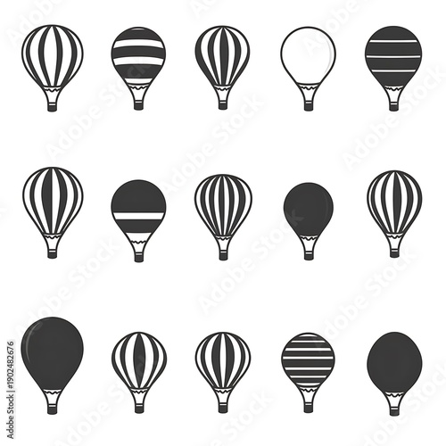 Set of fifteen hot air balloon icons in photo black and white Keywords: hot air balloon, airship
