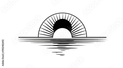 Minimalist black and white graphic of a stylized sun rising or setting over water with abstract reflections. Line art design.