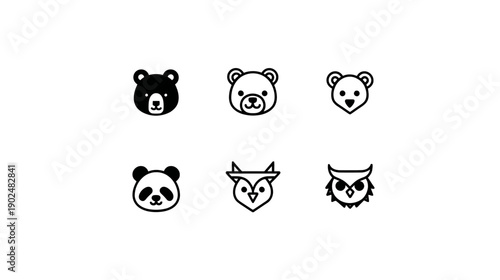Cute Animal Face Icons Set - Minimalist Black Line Art Vector Graphics with Bear, Panda, and Owl Characters for Design