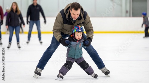 Father teaching young child to skate on ice rink at indoor arena  