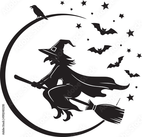 Create Witch sitting on a broomstick. Silhouette Cartoon illustration for Halloween. Background with a crow, bats, stars and the moon on white background