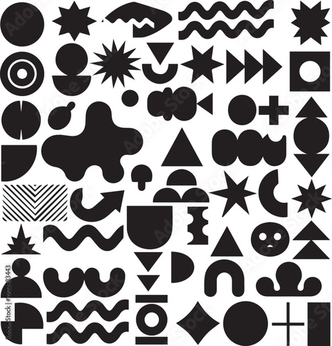Silhouette Abstract geometric shapes and icons in black colors. Groovy brutal modern figures. Stylish Swiss design aesthetic on white background
