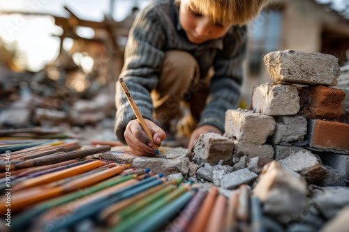 Wallpaper Mural Child Drawing with Crayons Among Rubble in a Desolate Environment Torontodigital.ca