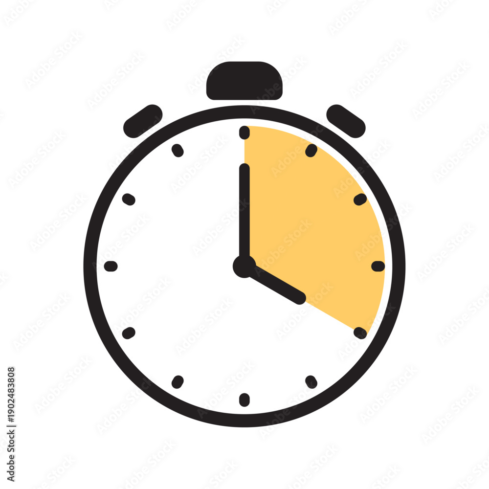 Obraz premium Analog stopwatch icon featuring a thick black outline and a yellow shaded section indicating a twenty minute countdown interval on a plain white background