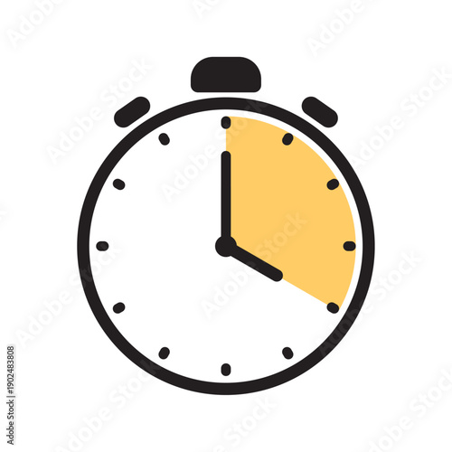 Analog stopwatch icon featuring a thick black outline and a yellow shaded section indicating a twenty minute countdown interval on a plain white background