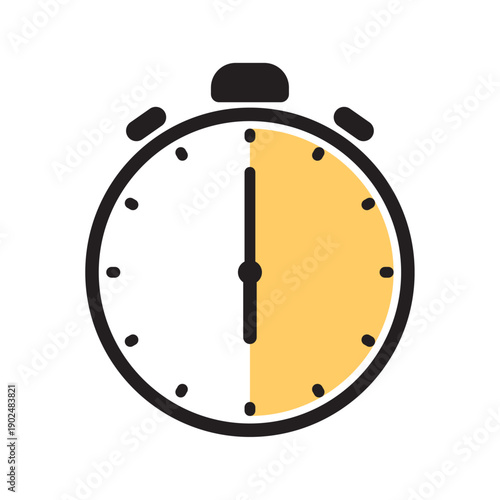 Analog stopwatch icon featuring a bold black outline and a yellow shaded semi-circle indicating a thirty minute or thirty second countdown interval
