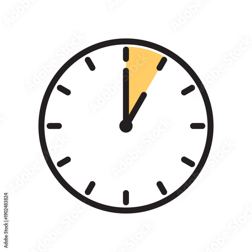 Analog stopwatch vector icon with a black outline and a yellow pie-chart section indicating a five minute countdown interval on a white background
