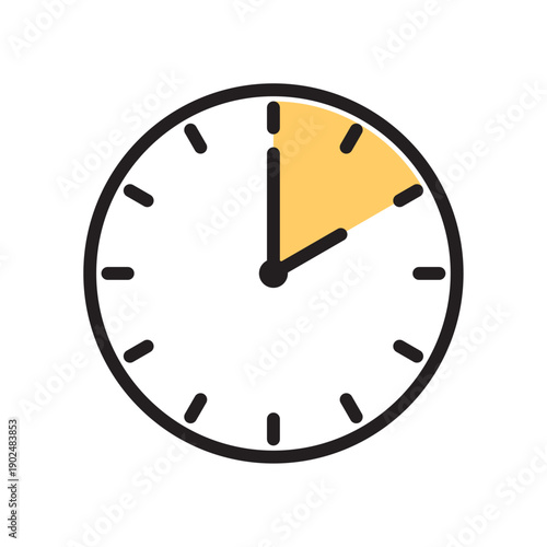 Single analog stopwatch icon with black outline and a yellow pie-chart progress indicator marking a ten minute interval on a white background