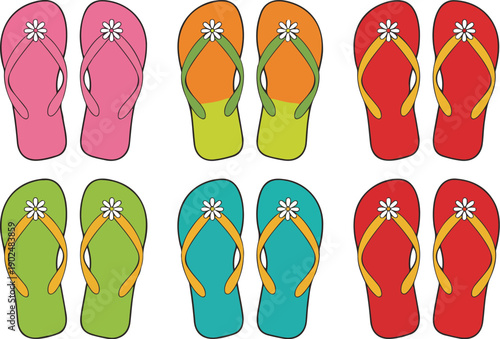 Colorful Flip Flop Sandals Vector Set – Floral Summer Beach Footwear