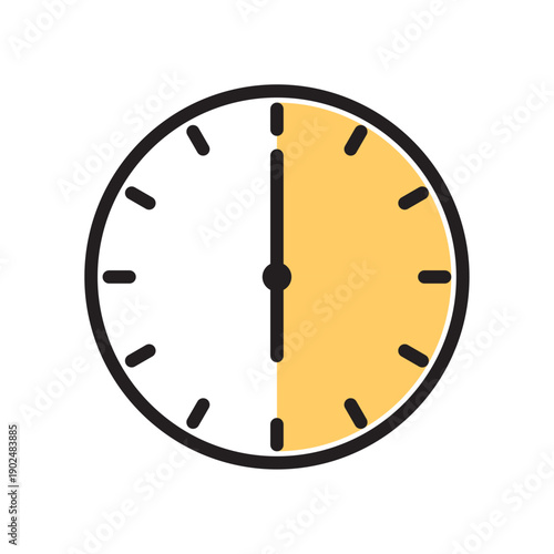 Analog stopwatch icon featuring a bold black outline and a yellow shaded semi-circle indicating a thirty minute or thirty second countdown interval
