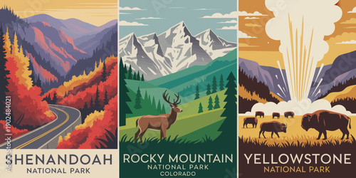 Shenandoah National Park Poster, winding road through red and orange autumn forest landscape