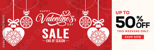 Valentine’s Day sale banner with red background, white hanging heart ornaments, snowflake-pattern balls, festive bows, and bold promotional text highlighting discounts and urgency.