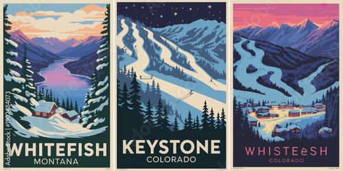 Whitefish Montana Poster, snowy lake evergreen forest and pink purple sunset mountains