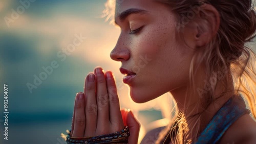 Praying at sunset, golden hour light, spiritual yoga mindfulness, young woman with serene profile, namaste hands