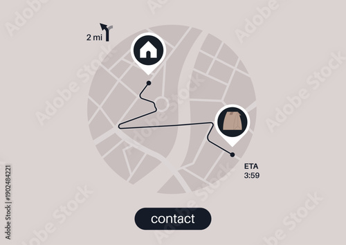 A delivery route is displayed, highlighting a journey of two miles to a home, An estimated time of arrival adds excitement as packages await at the doorstep.