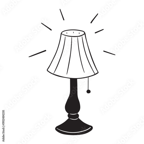 Bild auf Leinwand Hand drawn table lamp with classic lampshade and pull switch cord, glowing light illustrated with short rays, vintage whimsical black line art illustration isolated on white background