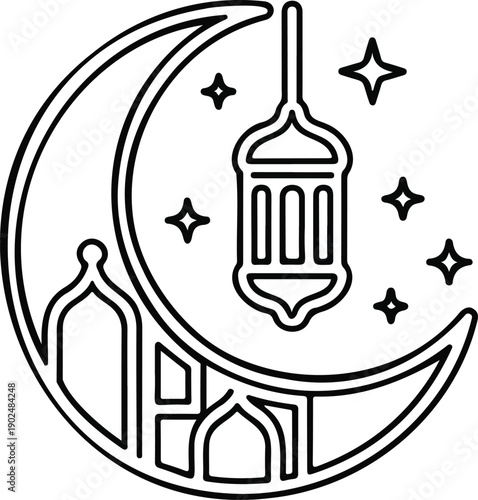 Outline islamic eid al fitr icon with crescent moon and lantern.
