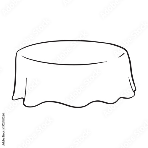 Hand drawn tablecloth draped over a round table, minimal black clean line art illustration, elegant textile doodle isolated on white background.