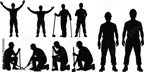Collection of construction worker silhouettes using tools in various poses isolated on gray background, labor industry illustration set for design