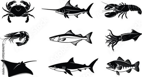 Collection of marine animal silhouettes including crab lobster fish squid shark and ray isolated on gray background, ocean wildlife illustration