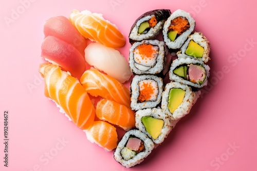 Heart shape sushi platter with nigiri and maki