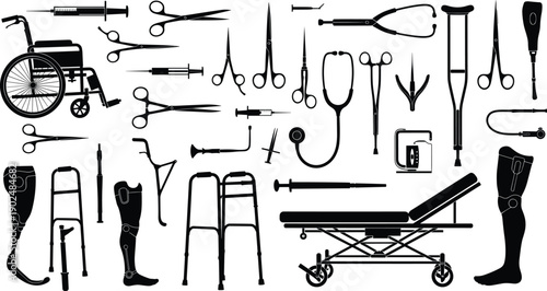 Collection of medical equipment and rehabilitation tool silhouettes isolated on gray background, healthcare hospital instrument illustration set for clinical design