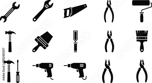 Set of construction hand tool silhouettes including hammer wrench saw pliers and drill isolated on gray background, repair icon collection