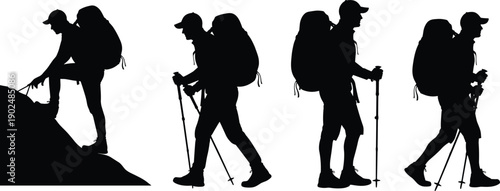 Set of hiking backpacker silhouettes walking and climbing isolated on gray background, outdoor adventure trekking illustration collection for travel design