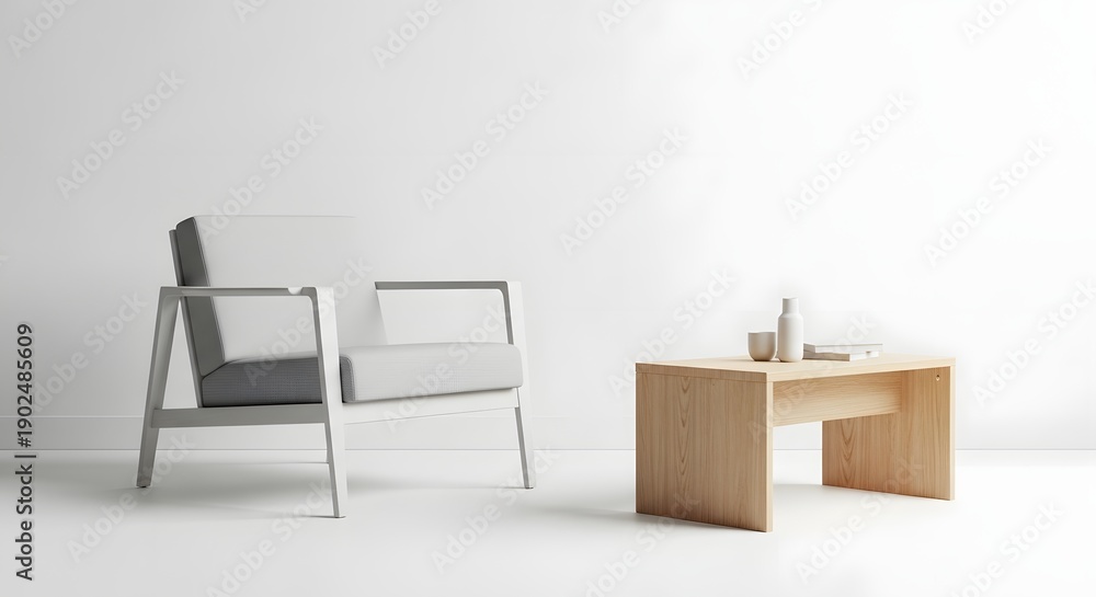 Fototapeta premium Minimalist Interior Design with Modern Armchair and Wooden Coffee Table.