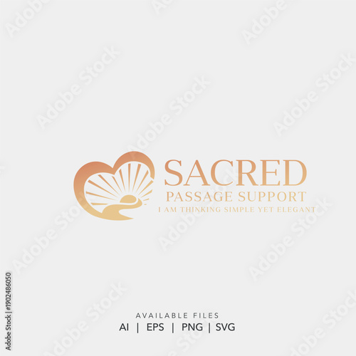 Compassionate hospice and palliative care logo with heart and hand, Elegant sunburst and heart symbol