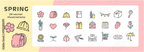 春のアイコンセット 線画・アウトライン 入学と新生活モチーフのベクターイラスト
Spring Icon Set in Outline Style – School and New Life Vector Illustration