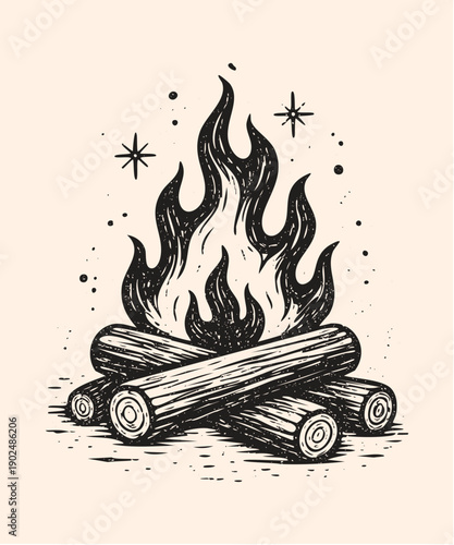 Vintage Campfire Woodcut Illustration with Burning Logs and Flames