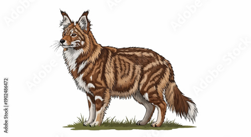 Illustration of a unique striped wolf standing on grass.