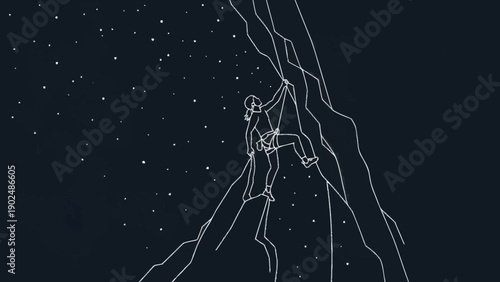 Line art illustration of a person rock climbing a steep mountain face.