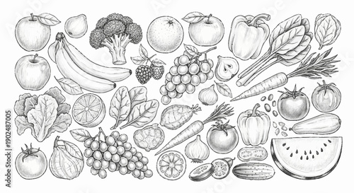 Collection of Fresh Fruits and Vegetables Hand Drawn Sketch.