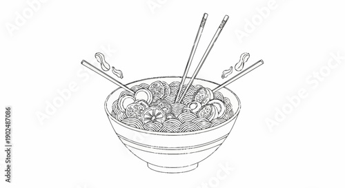 Delicious bowl of noodles with chopsticks and fresh ingredients.