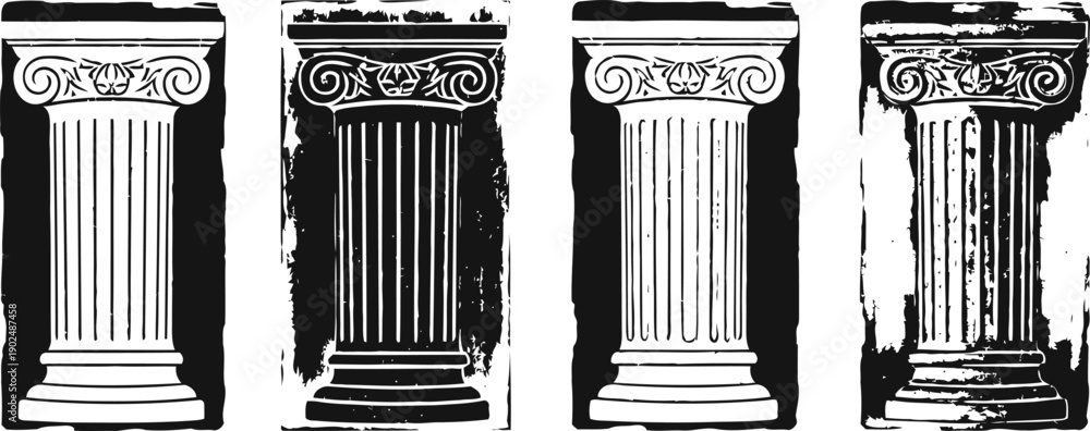 Fototapeta premium Four classical ionic columns in black and white with varying levels of detail and distressed texture