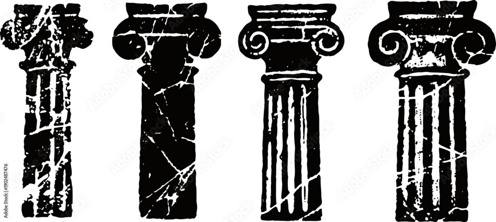 Naklejka premium Grunge vector illustration of classical ancient columns in various architectural styles
