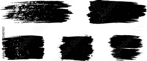 Set of black grunge paint brush strokes in various rectangular shapes and textures
