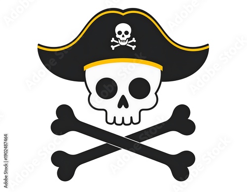 Cartoon skull beneath pirate hat with crossed bones. Vector graphic against a white background