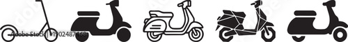 A horizontal row of minimalist black and white icons depicting various types of scooters and mopeds on a clean white background. Vector