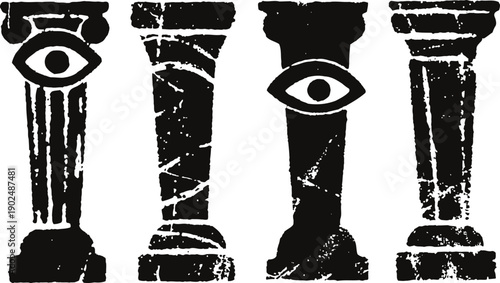 Ancient greek columns with distressed texture, one column featuring an all seeing eye symbol