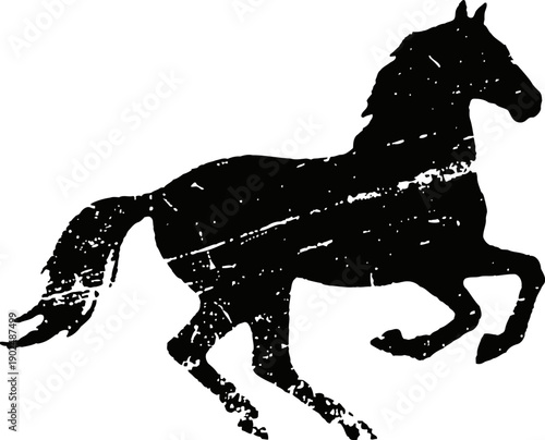 black silhouette of galloping horse with distressed texture on white background