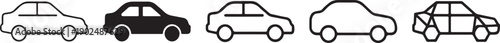A simple black and white graphic showing five minimalist car icons in a row against a plain background. Vector
