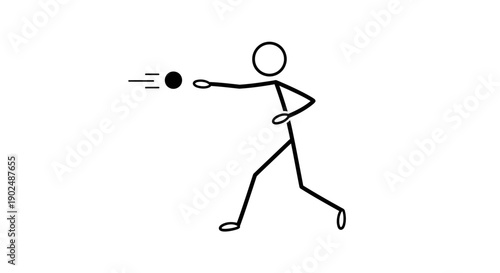 Stick figure man throwing a small ball with force and motion blur, energetic and focused, on an isolated white background.